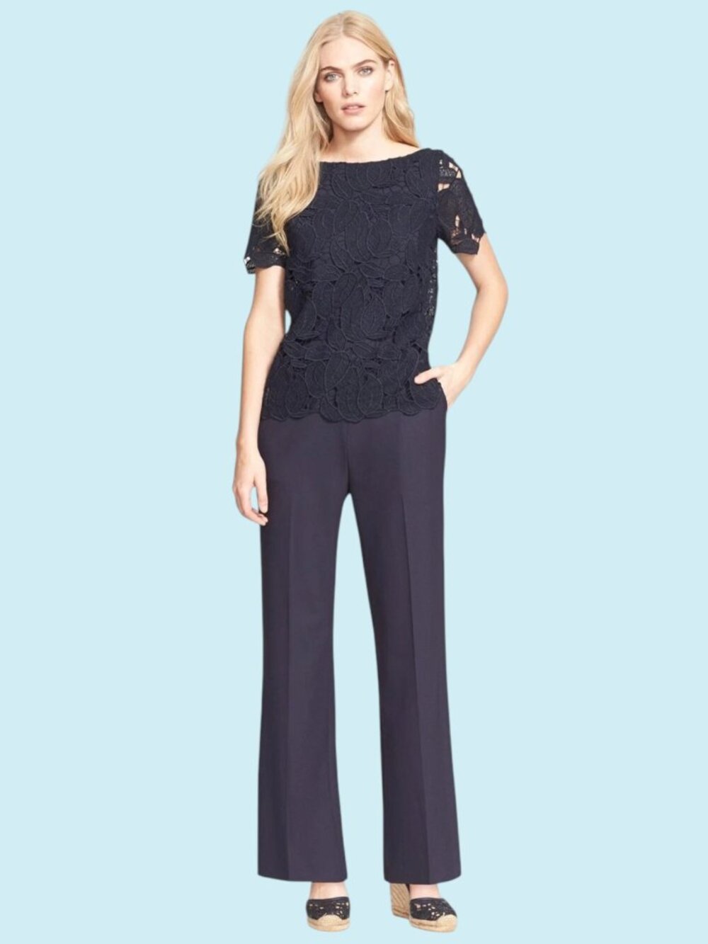 Tory Burch Lace Bodice Jumpsuit Size 8 Navy Blue One Piece Wedding Party $495
